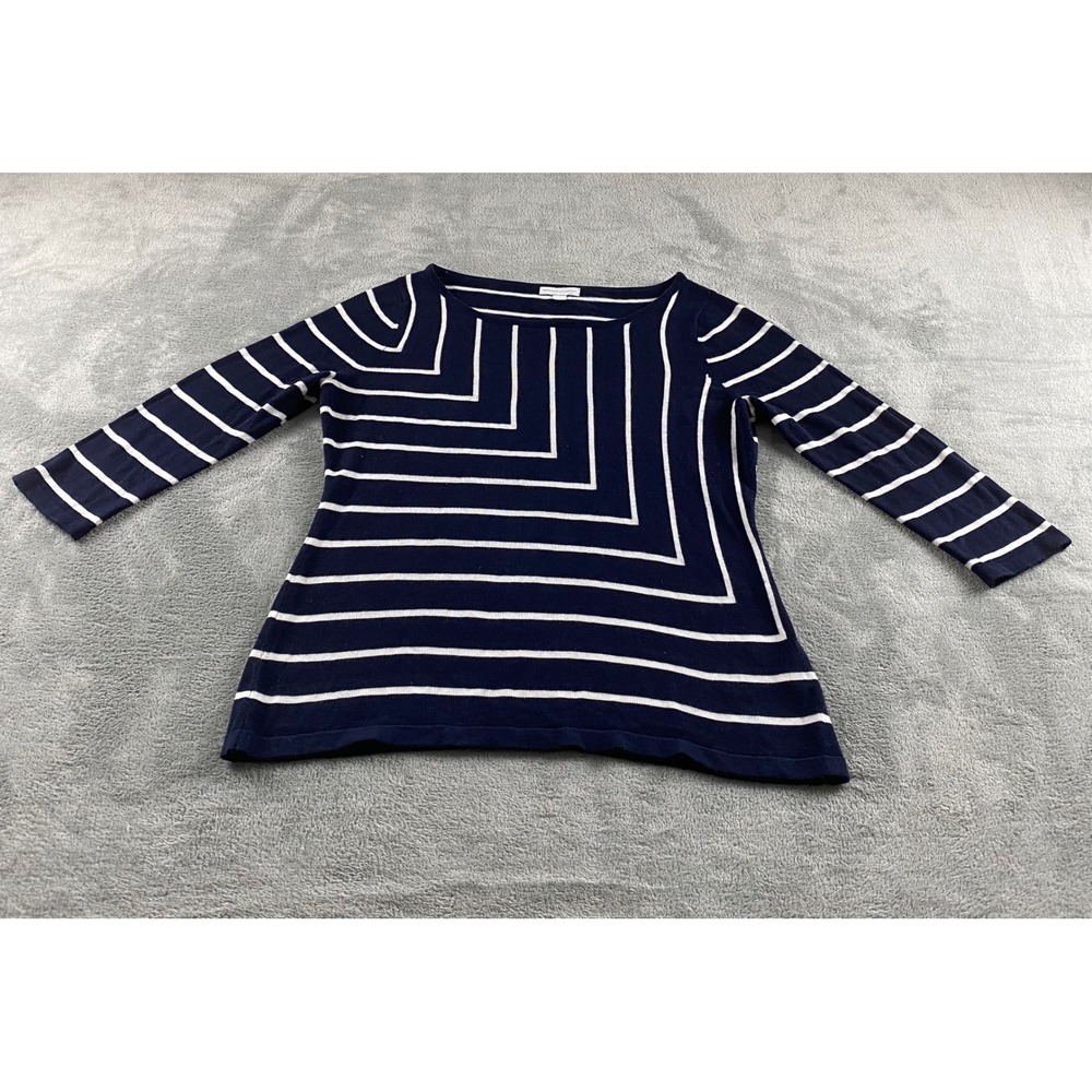 New York & Company Navy Blue White Striped Boat Neck Sweater 3/4 Sleeve Medium